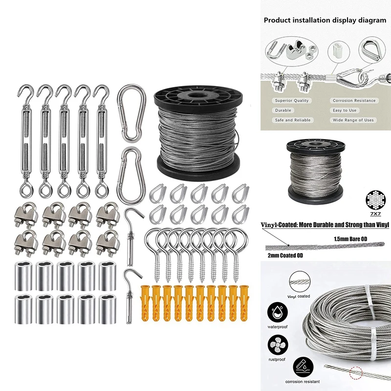 

New-1/16 Wire Rope Kit, Wire Cable, Coated Aircraft Cable, 7X7 Stranded Core Outdoor Light String Suspension Kit