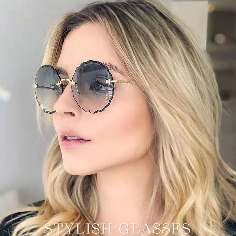 MIZHO модные круглые солнцезащитные очки с цветком женские без оправы цепочкой