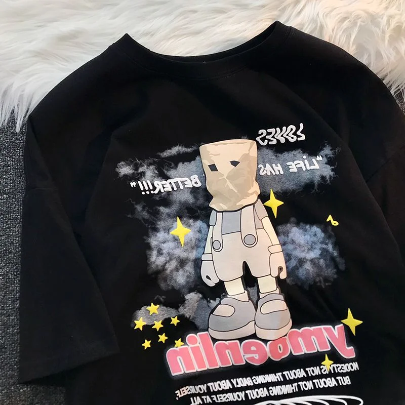 

2023 американские винтажные Мультяшные футболки в стиле хип-хоп 100% хлопок забавные мужские комиксы с коротким рукавом Футболка с узором в стиле граффити уличная одежда повседневные футболки