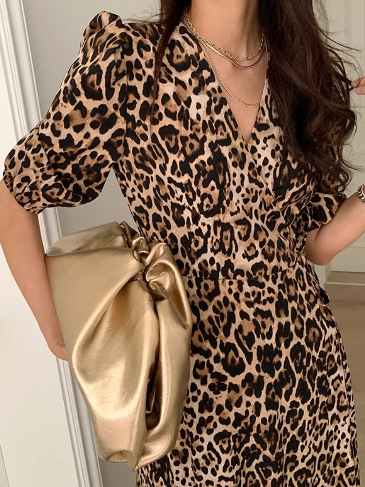 

Spring Summer Leopard Print Casual Midi Women's Dress Half Sleeve Elegant A-Line Slim Vestidos Female Fashion Party Clothes