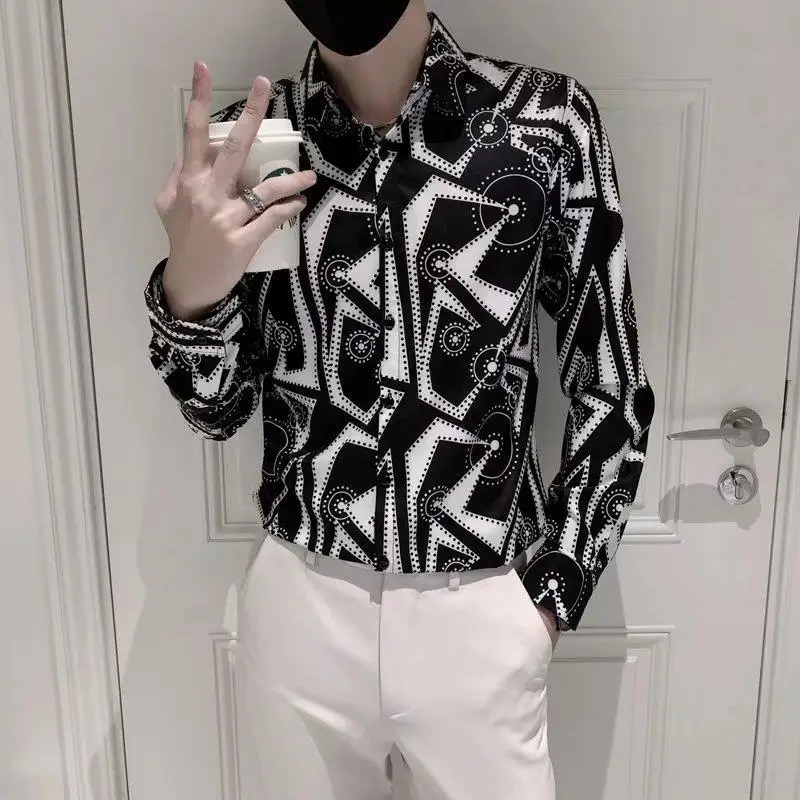 printed shirt Men's Long Sleeve Korean Style Popular Slim-Fitting Vintage Small Floral Men's Shirt Longsleeve Shirt for Men