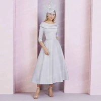 elegant womens dresses for party 2022 a line satin tea length 34 sleeve vintage mother of the bride gown weddings scoop neck