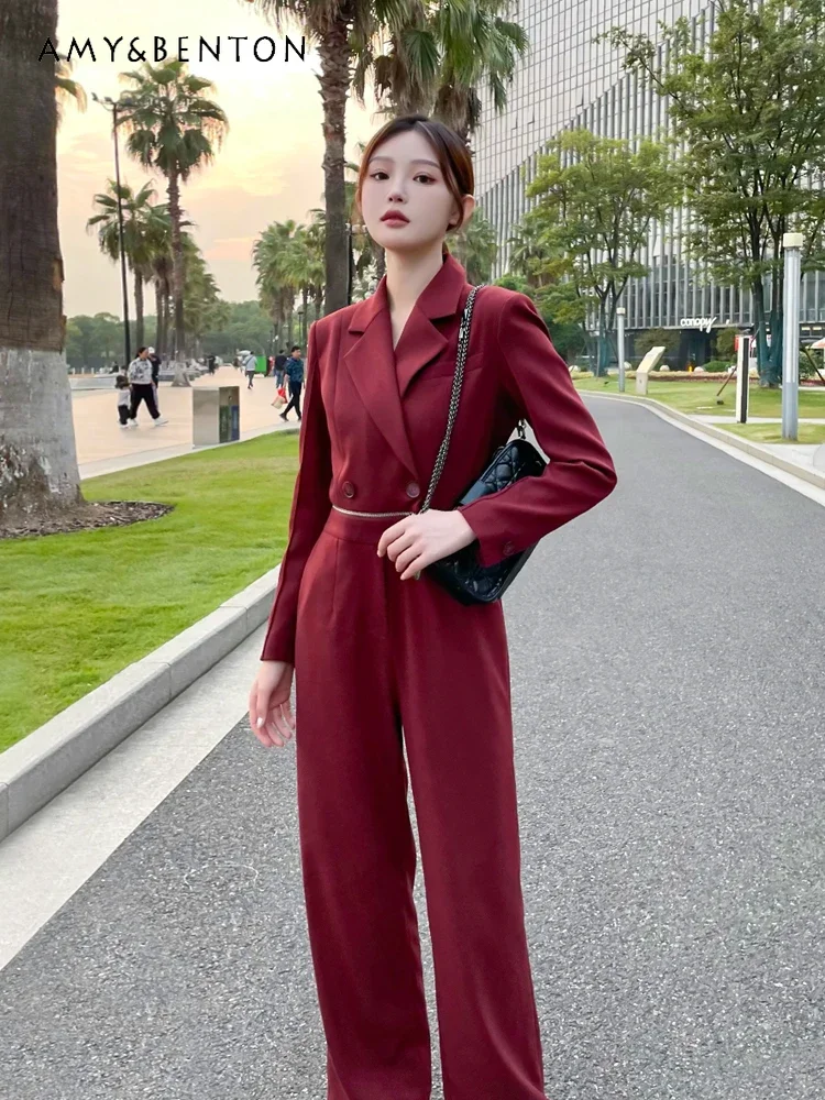 Офисный женский красный костюм с высокой талией осенне-зимний новый пригородный