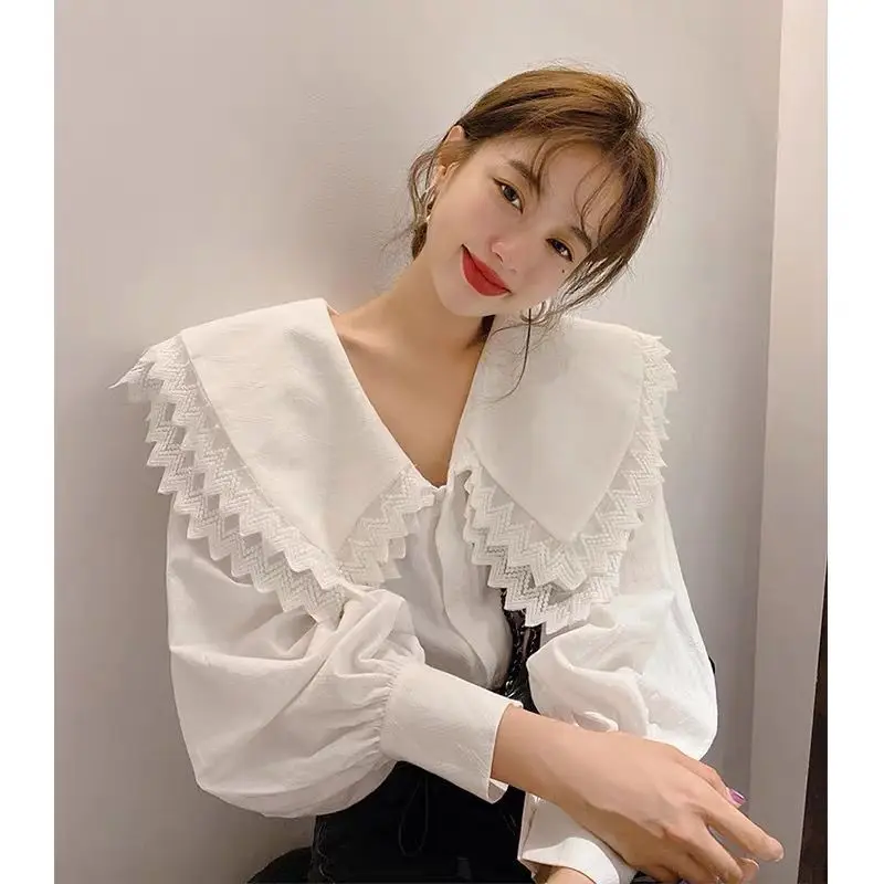 

Peter Pan Collar Ruffle Womens Blouse Long Sleeve Cotton Casual Tops Female Spring Summer Shirt Vintage Loose Elegant Tops J29