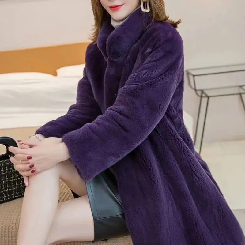 2022 Winter New Faux Fur Coat Women's Mid-Length Imitation Mink Stand Collar Loose Imitation Velvet Thick Warm Plush Coats Femal