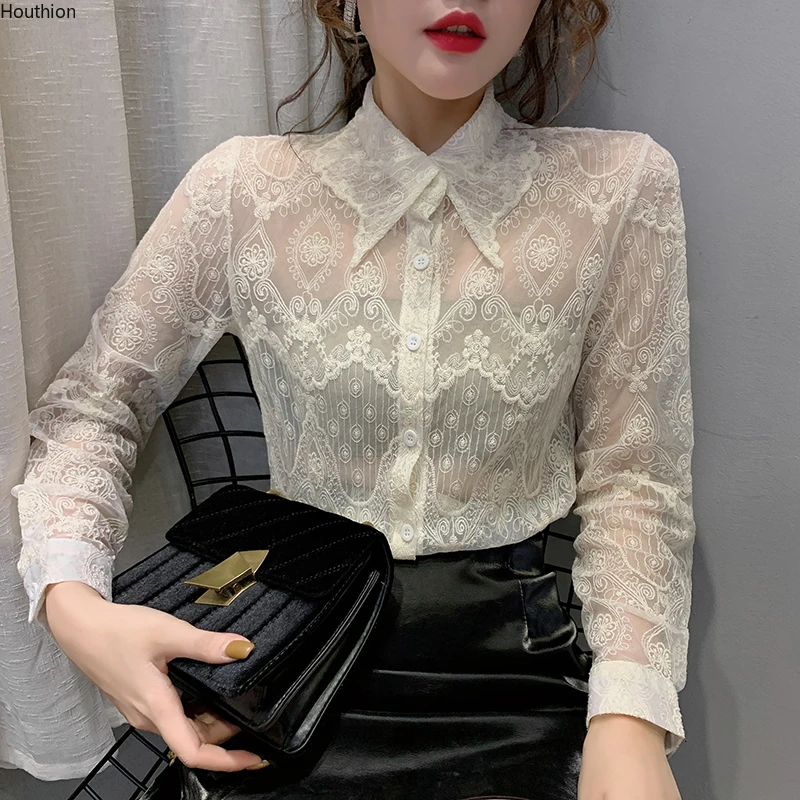 

Новинка, женские блузки, кружевная Повседневная модная рубашка-поло на лето и весну, Топ с длинным рукавом, домашняя одежда