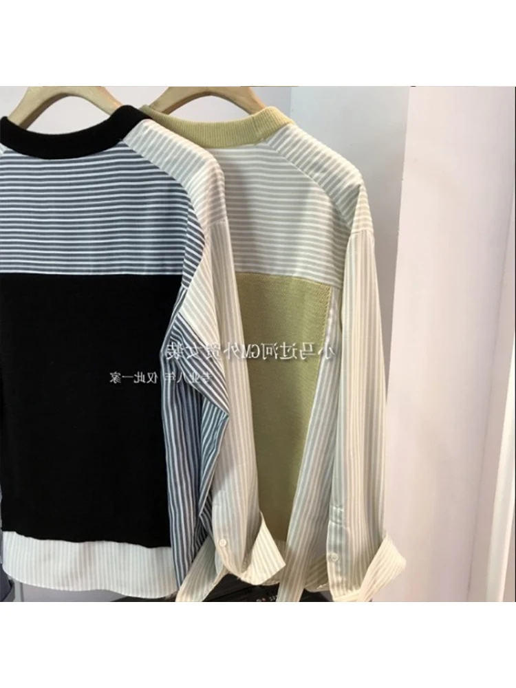 

Women Fashion Striped Patchwork Fake 2 Piece Shirt Tops 2023 Spring Loose Long Sleeve O-neck Casual Blouse Female Clothes