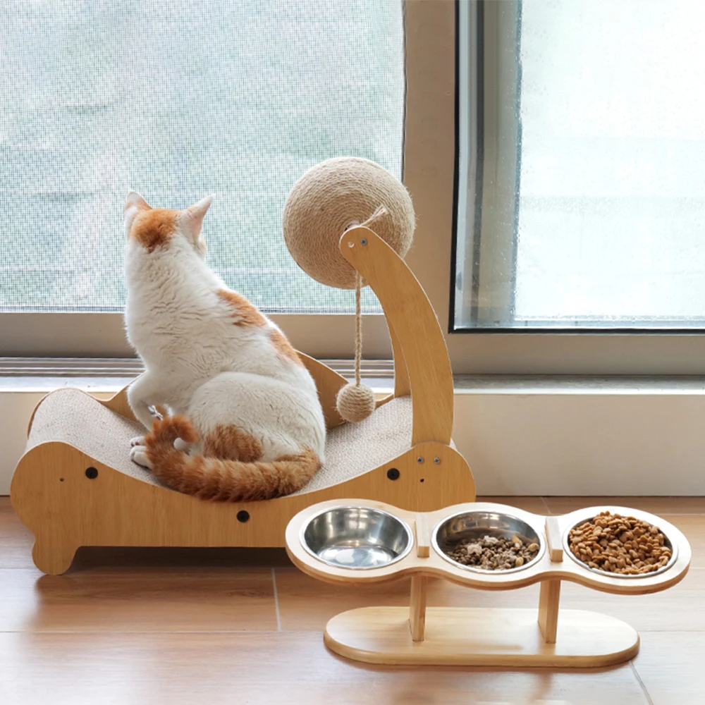 Приподнятая миска для корма и воды кошек деревянная домашних животных с