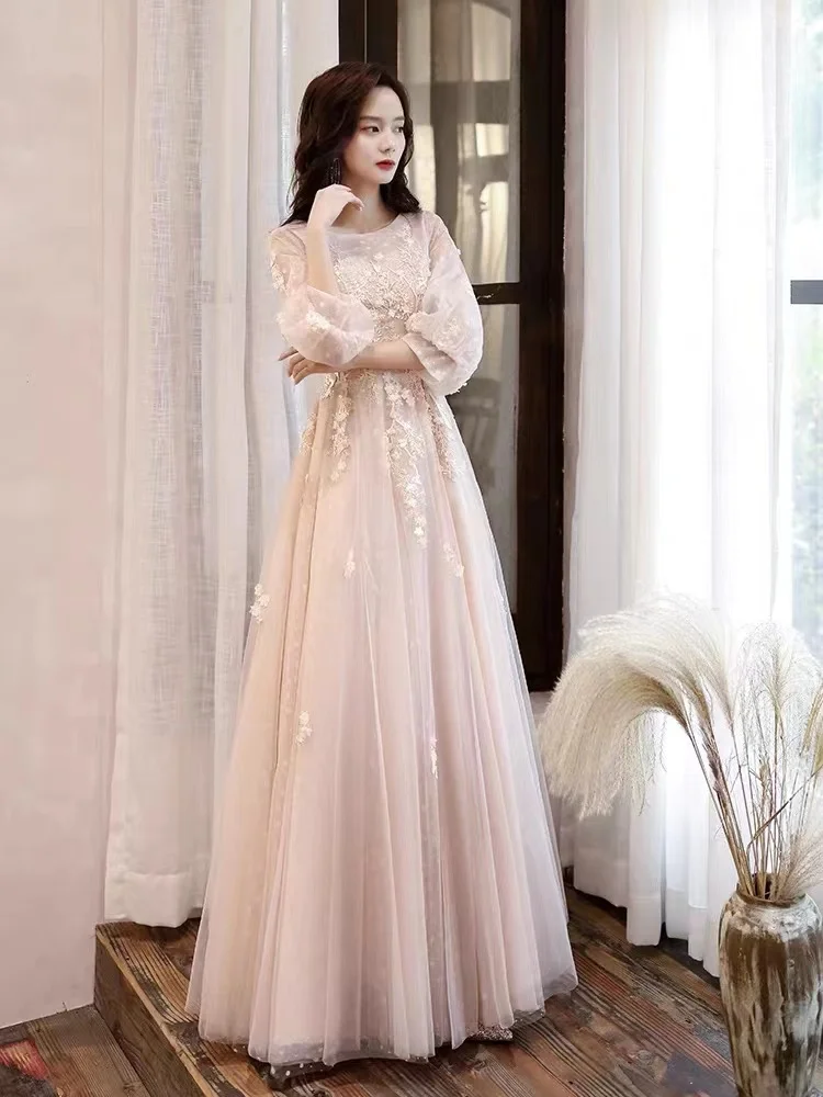 

Lantern Sleeve Prom Dress Elegant O-neck Appliques Lace Flower A-line Floor-length Long Women Evening Gown Haute Couture Pageant