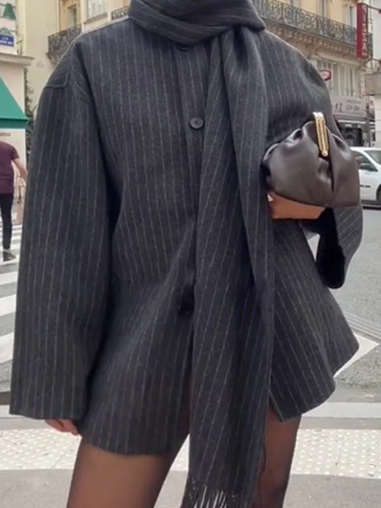 LGRQ 2024 новая зимняя модная женская одежда шарф в полоску однобортная шерстяная