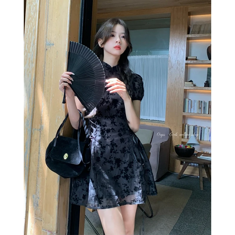

Retro Dressed Women Summer Improved Cheongsam Puff Sleeves Waist Cross Lacing Embroidery Fashion Elegant Chic Female Mini Dress