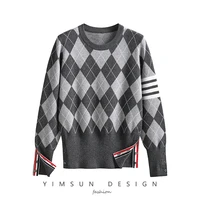 tbb new 2022 retro college style sweater womens loose round neck diamond plaid sweater bottoming top trendy