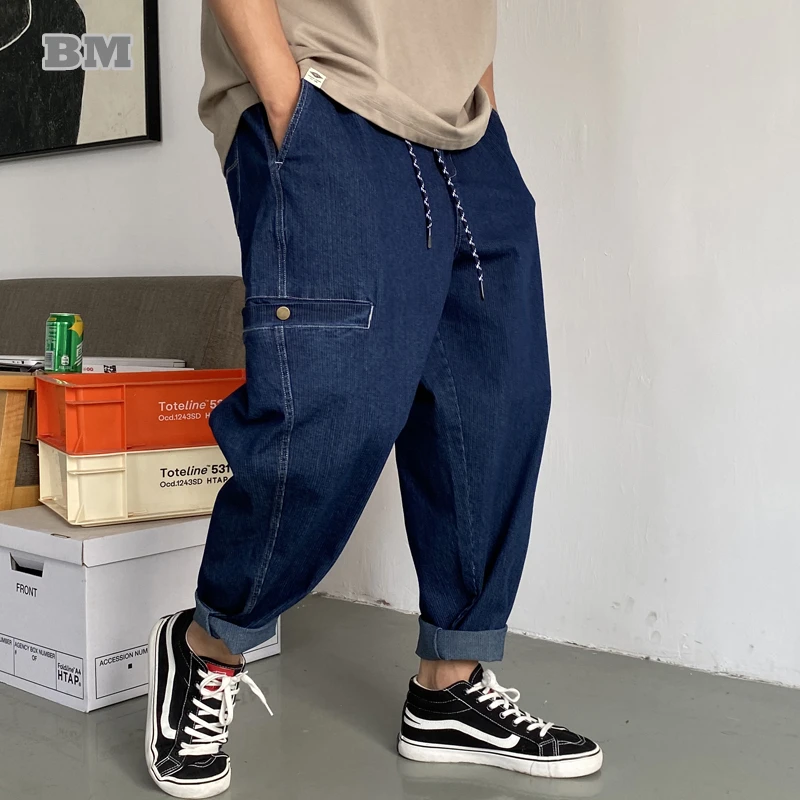 

Japanese Streetwear Trendy Hip Hop Denim Harem Pants Men Clothing Harajuku Jeans Korean Fashion Casual Baggy Cargo Trousers
