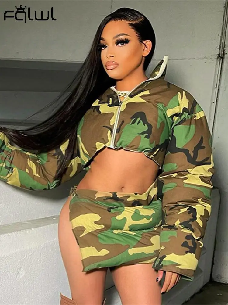 

Habbris Autumn Camo Print 2 Two Piece Sets Outfit Women 2022 Long Sleeve Zip Up Crop Top And Skirt Sets Female Matching Sets