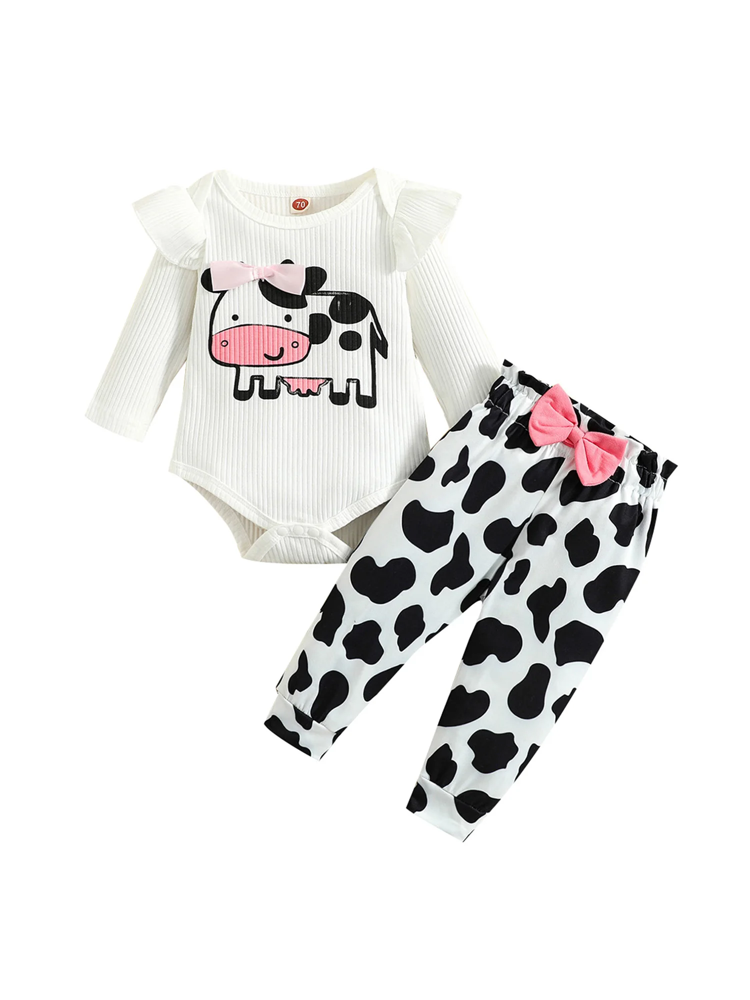 

Baby Girl s Romper Set Round Neck Ruffle Long Sleeve Cow Printed Ribbed Romper Elastic Waist Bowknot Decorated Pants