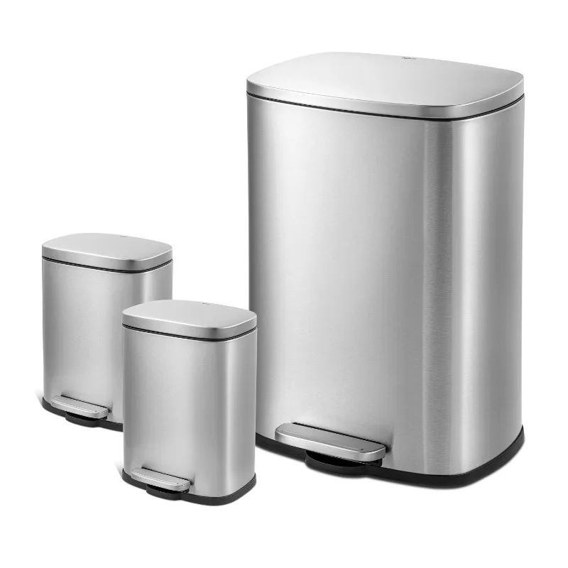 

Qualiazero Rectangular Step Garbage Can 3 Piece Combo, 13.2 gal , Two 1.3 gal, Stainless Steel trash can