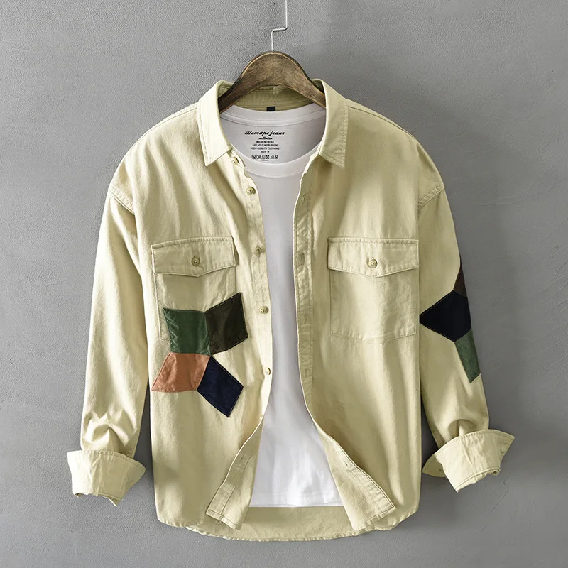 

Новые осенние мужские рубашки с длинными рукавами в стиле пэчворк, 100% хлопок, модные повседневные мужские топы с отложным воротником в стил...