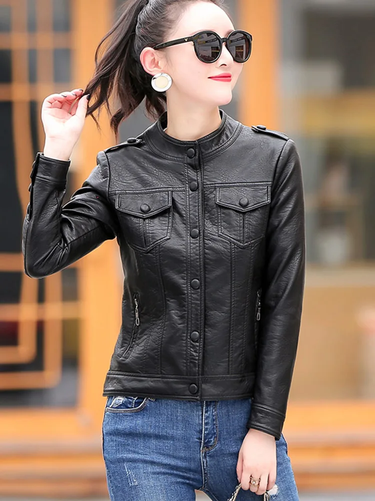 New Women Casual Leather Jacket Spring Autumn Fashion Small Stand Collar Slim Sheepskin Short Coat Biker Jacket Split Leather