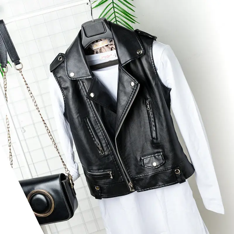 

Women Punk Fashion Waistcoat Spring PU Faux Leather Motorcycle Vest Girl Coats Sleeveless Zipper Turn Down Collar Vests G295