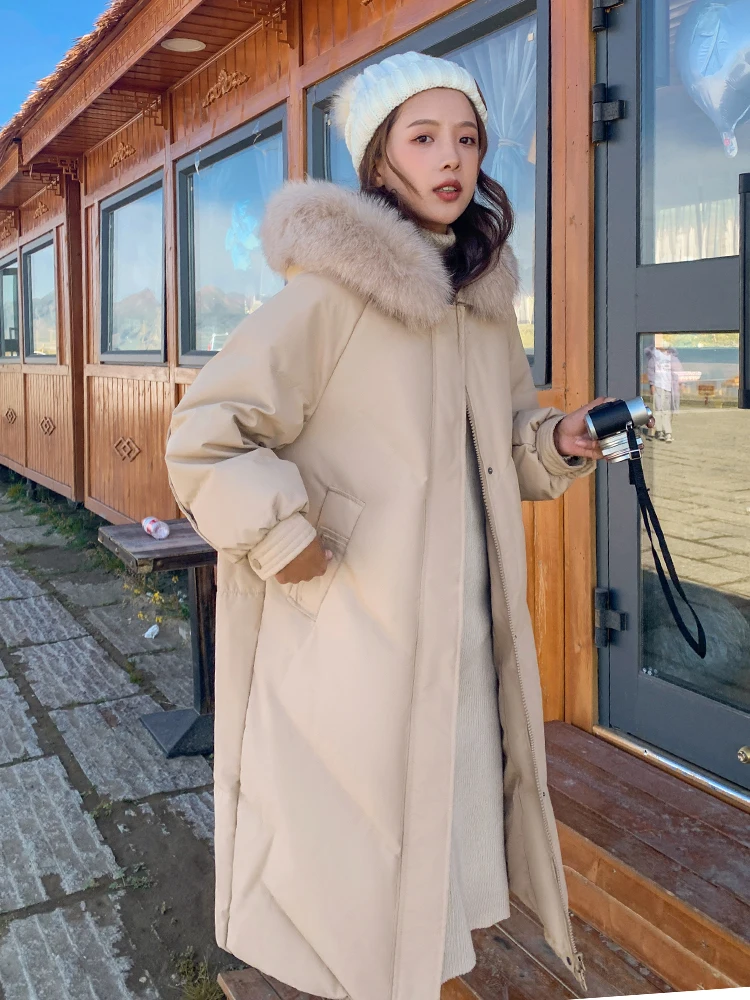 Korean Style Fashion Winter Long Parka For Women's Hooded With Fur Collar Warm Thicken Oversize Loose Coat Solid Jacket