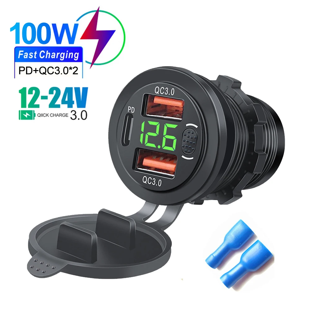 

Тройное автомобильное зарядное устройство USB C, розетки USB PD и 18 Вт QC3.0 с кнопочным переключателем, цифровой светодиодный вольтметр 12 В/24 В для автомобиля, лодки, автофургона