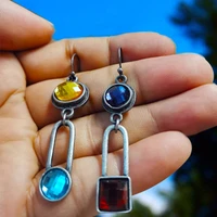 trendy four color red blue crystal earrings asymmetrical jewelry antique metal square round zircon dangle earrings for women