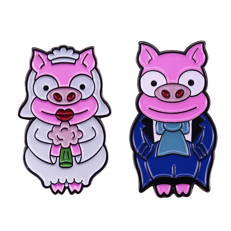 Creative Cartoon Pig Simpson Series Enamel Pin Bride and Groom Badge Brooch Lapel Collar Pins Jewelry Accessories Gift Fans