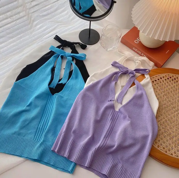 

New Korean version halter top Women's strapping V-neck sleeveless short tank top