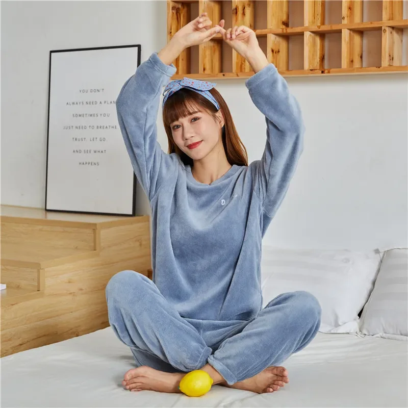 Winter Warm Fleece Pajamas Sets Solid Casual Coral Sleepwear Top and Pants 2 Piece Set Home Wear Lounge Wear 122471WZA