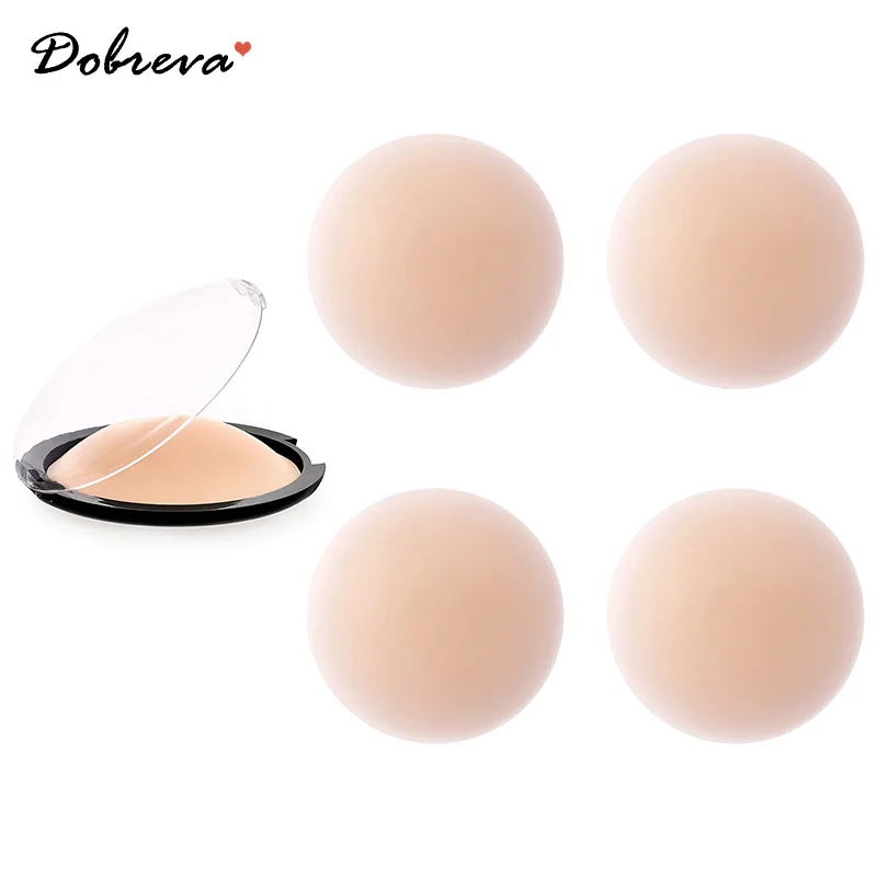 DOBREVA 2 Pairs Silicone Sticky Bra Women Non-Adhesive Nipple Pads Covers Reusable Breast Petals Ultra Thin Pasties with Box