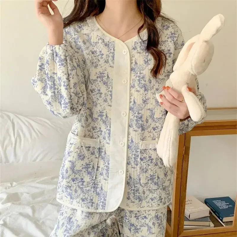 

Осенне-зимний пижамный комплект, женская утепленная плетеная Домашняя одежда из 100% хлопка, комплект из 2 предметов, купальники с чернильным рисунком, теплый ночной костюм