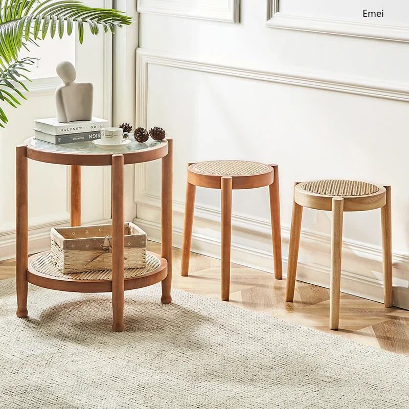 Скандинавский простой креативный круглый табурет из цельного дерева ротанга