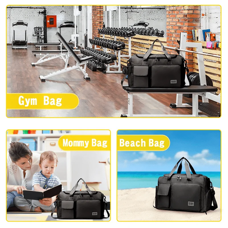 Beautiful Elegant Black Gym Sports Bag with Shoe Compartment and Wet Pocket, Ideal for Swimming and Vacations.