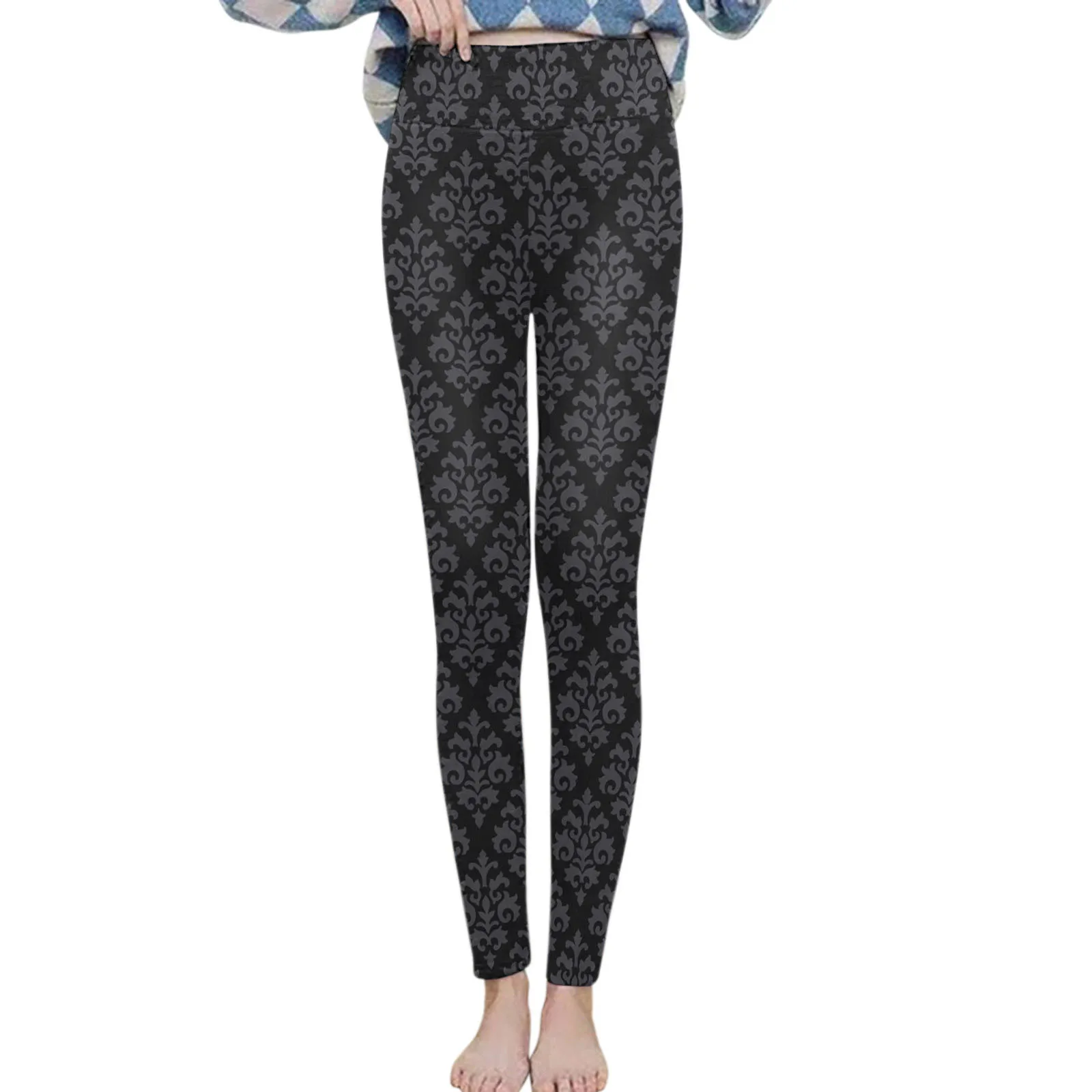 Leggings For Womens Casual Pants Elastic High Waist Retro Pattern Printed Fleece Lined Capris Thermal Full Thermal Pants Toddler