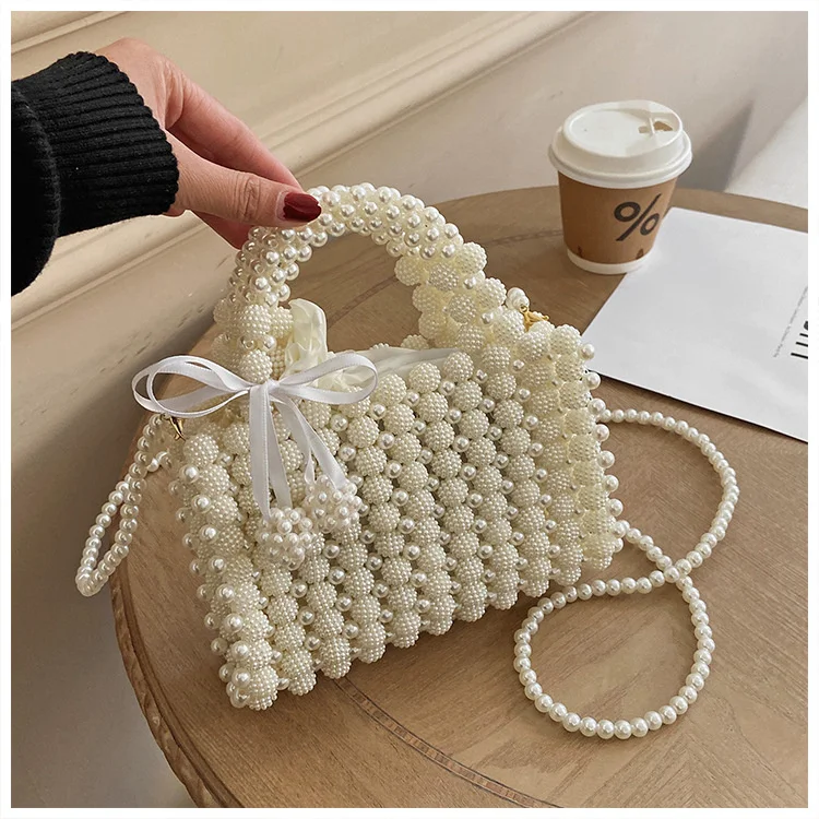 

Luxury Woven Pearls Bag Shoulder Bags for Women Designer Small Beading Handbags Brands Party Evening Purse Wedding Clutch Tote