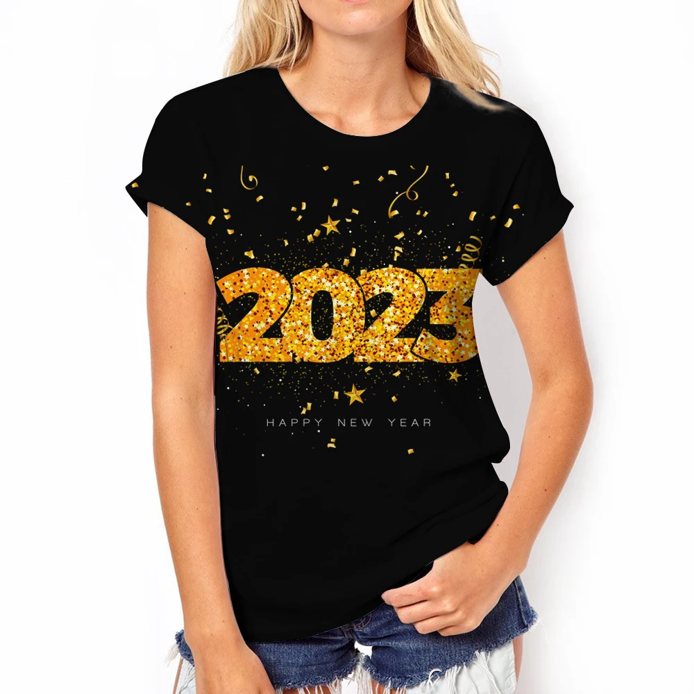 

Fashion Casual O Collar Women's T-shirt 2023 New Year Printed Short Sleeve T-shirt Women's Top Plus Size Harajuku Y2K Clothing