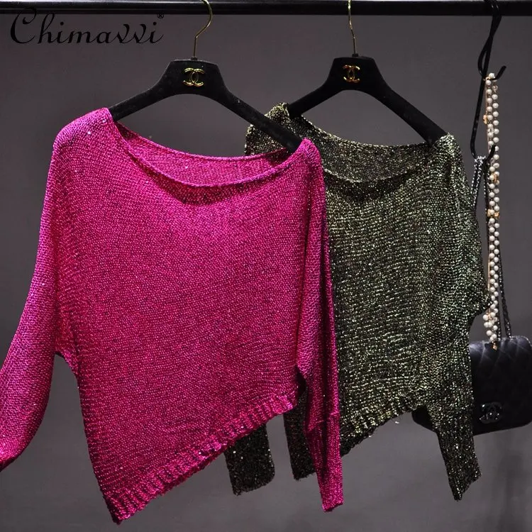 

Sequined Shoulder Sexy Long-Sleeved Knitted Top Women 2023 Spring Fashion Trendy Off-Shoulder Short Bright Silk Pullover Sweater