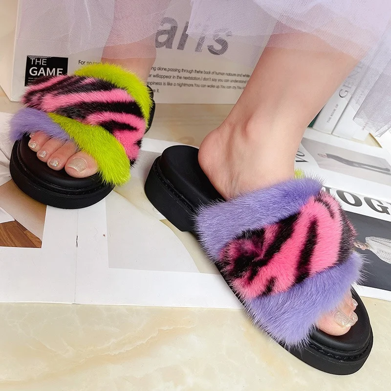 Three Color Women's Fur Slippers Thick Sole Design Mink Fur Slippers New Style Luxury Increase Lace-up Furry Slippers