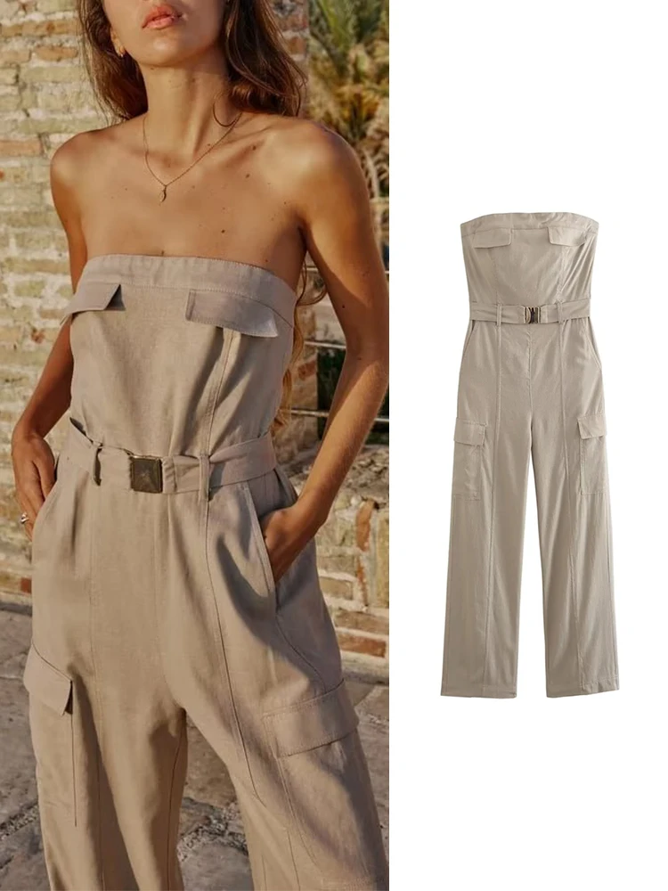 

2023 Jumpsuits for Women Long Cargo Rompers Woman Summer Fashion Bra Off Shoulder Bodysuit Female Belt Wide Leg Jumpsuit
