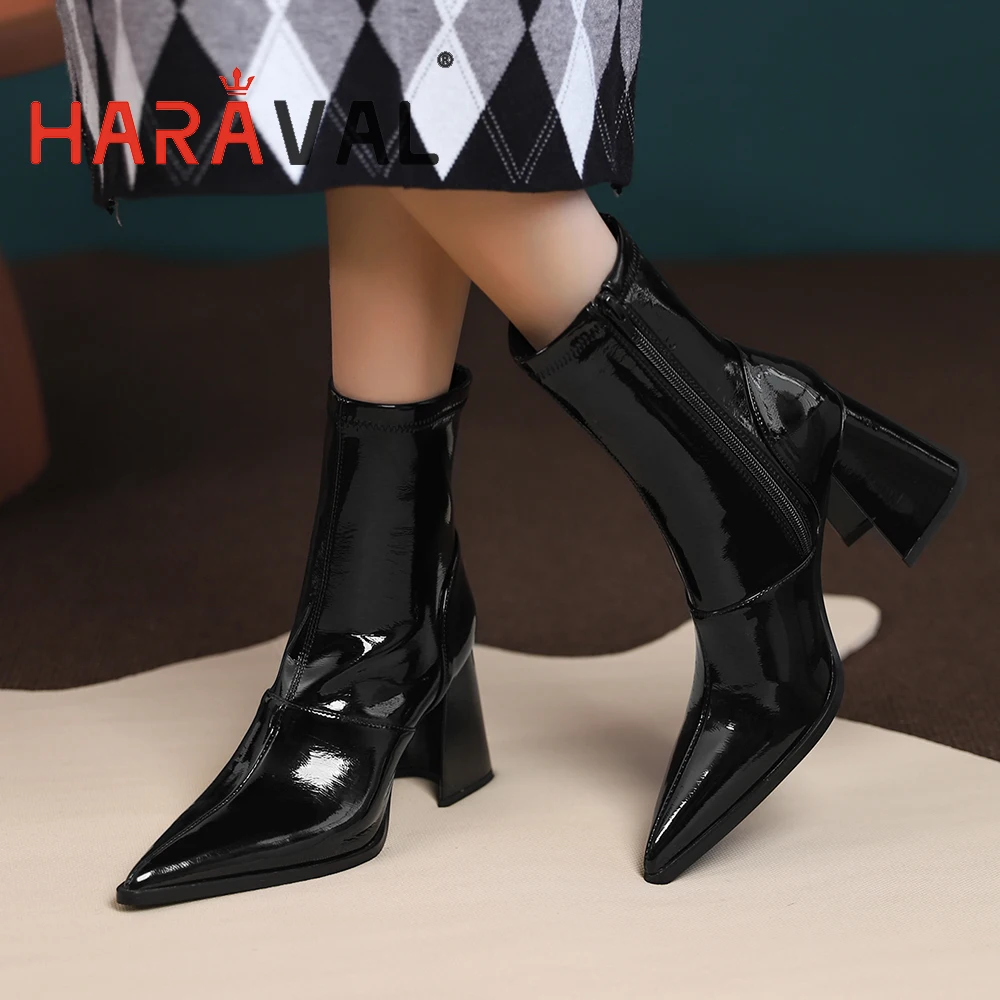 

HARAVAL Women Patent Leather Ankle Boots Pointed Toe Fashion Elegant Thick High Heels Sexy Solid Zipper Sheepskin Lining Party