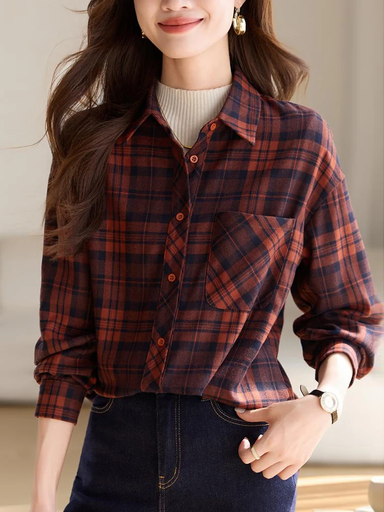 Рубашки в клетку стиле ретро женская одежда осенне-зимняя новая утолщенная