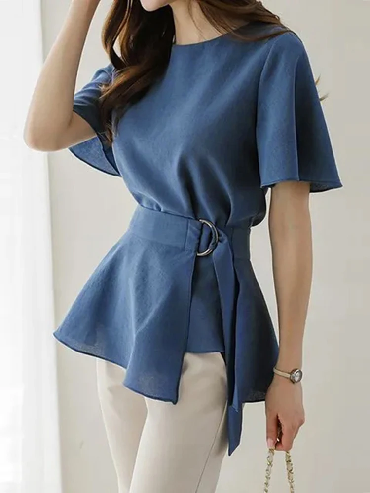 

Рубашка ZANZEA женская с коротким рукавом, модная блузка с запахом, элегантный топ с оборками и баской, Корейская туника с круглым вырезом, лето...