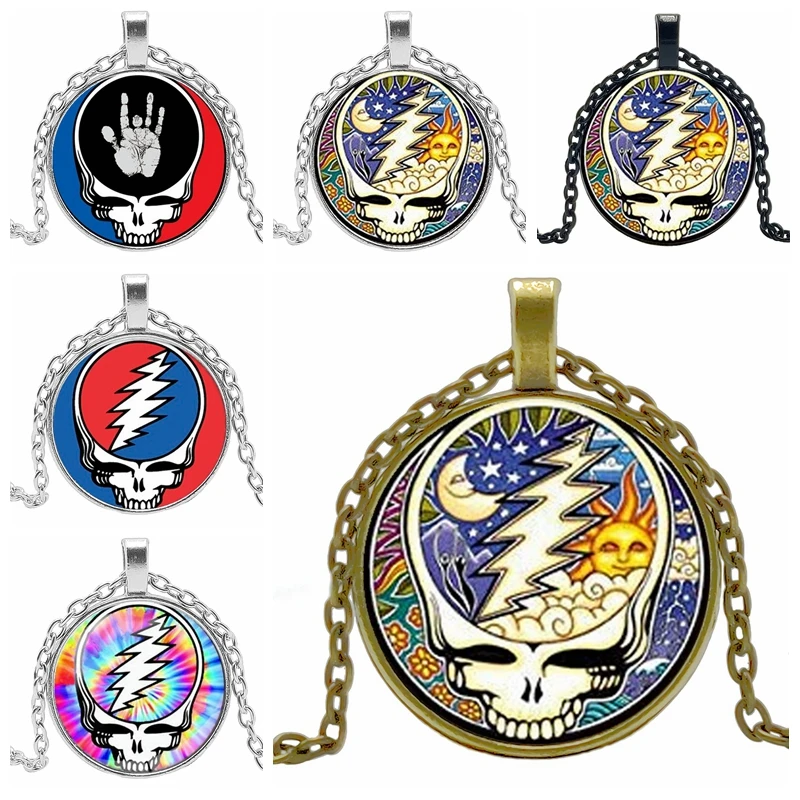 

2019 Hot Creative Punk Music Skull Time Crystal Glass Convex Round Pendant Necklace Clothing Sweater Chain Jewelry