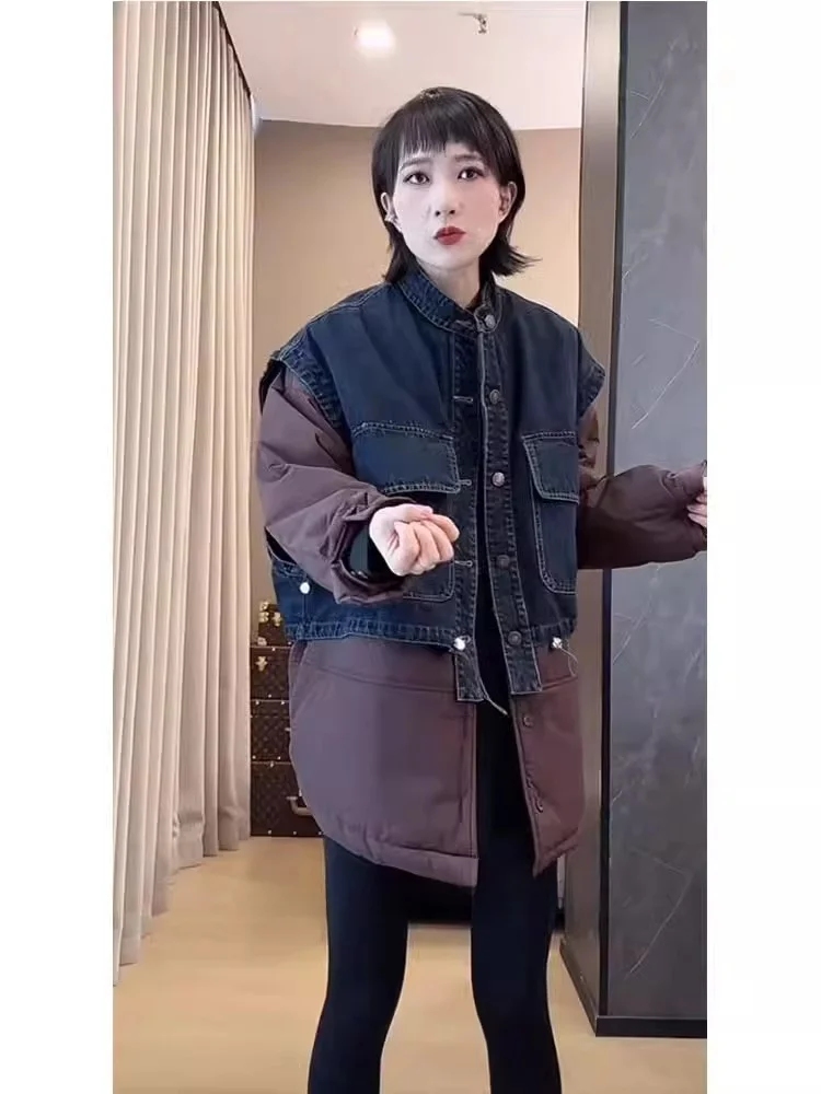 Denim Stitching Fake Two-Piece Cotton-Padded Clothes Women Retro All-Match Casual Loose Cotton-padded jacket Winter New Idle ...