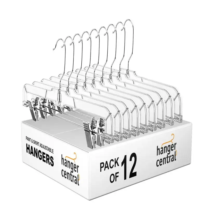 

Duty Clear Hangers with Clips, 12 Pack, Clothes Hangers, 14 Inch adjustable bar Purse hanger Drawer organizers Scarf hanger Hang