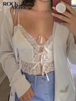 rockmore lace frill camis women y2k aesthetic tie up crop tops summer casual knitted backless tank kawaii camisole korean white