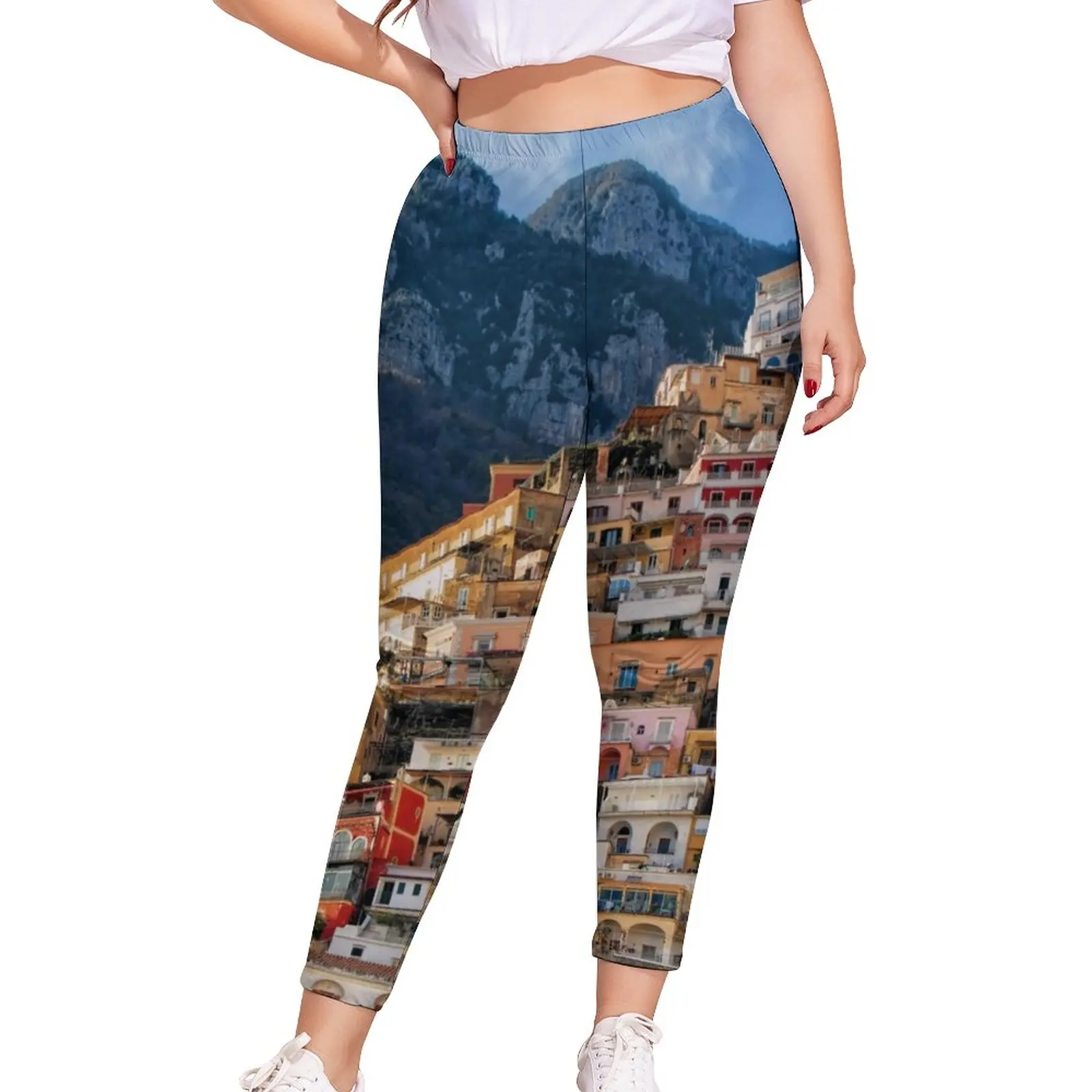 

Architecture Mountains Leggings Ladies Italy Positano Graphic Leggins High Waist Novelty Workout Pants Big Size 4XL 5XL