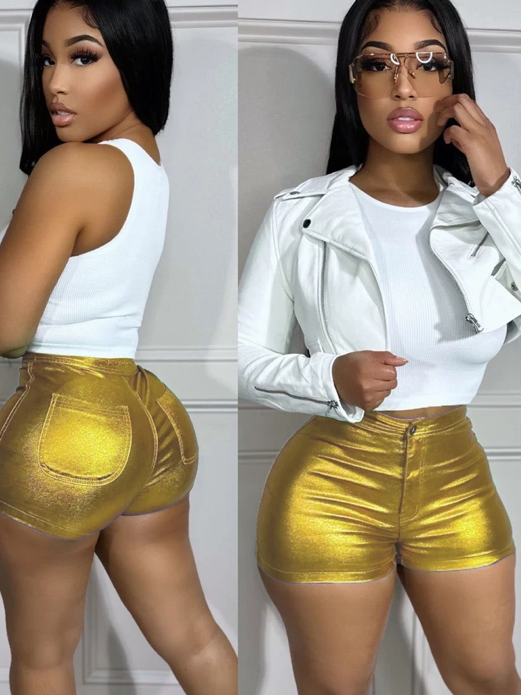 Kricesseen Sexy Solid Reflective Shiny Micro Shorts New Women Green High Waist Dancing Metallic Shorts Ladies Clubwear Outfits