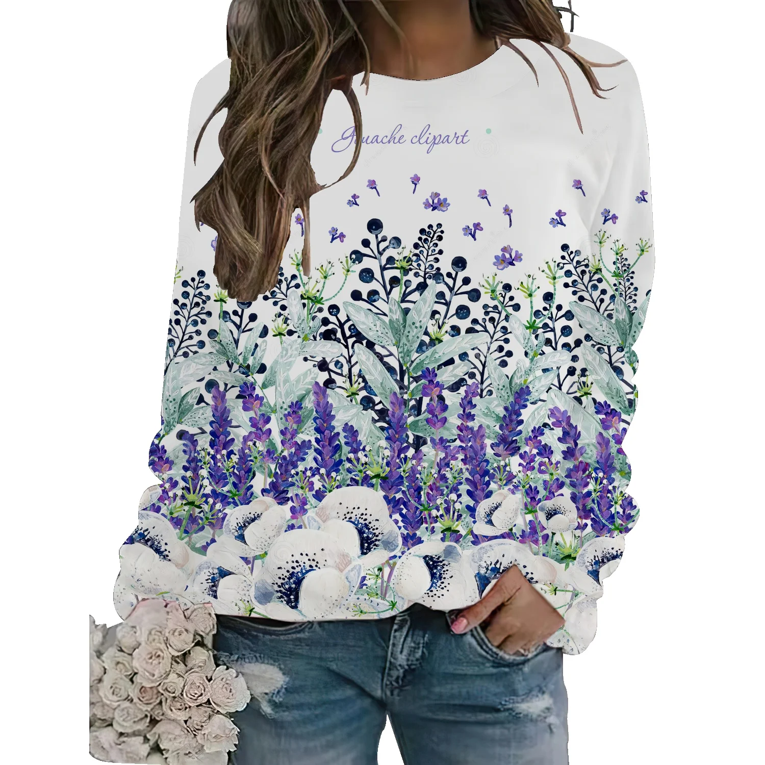 

Свитер женский с цветочным принтом, Свободный Топ оверсайз с круглым вырезом и длинными рукавами, в стиле ретро, в американском стиле, Осень-...