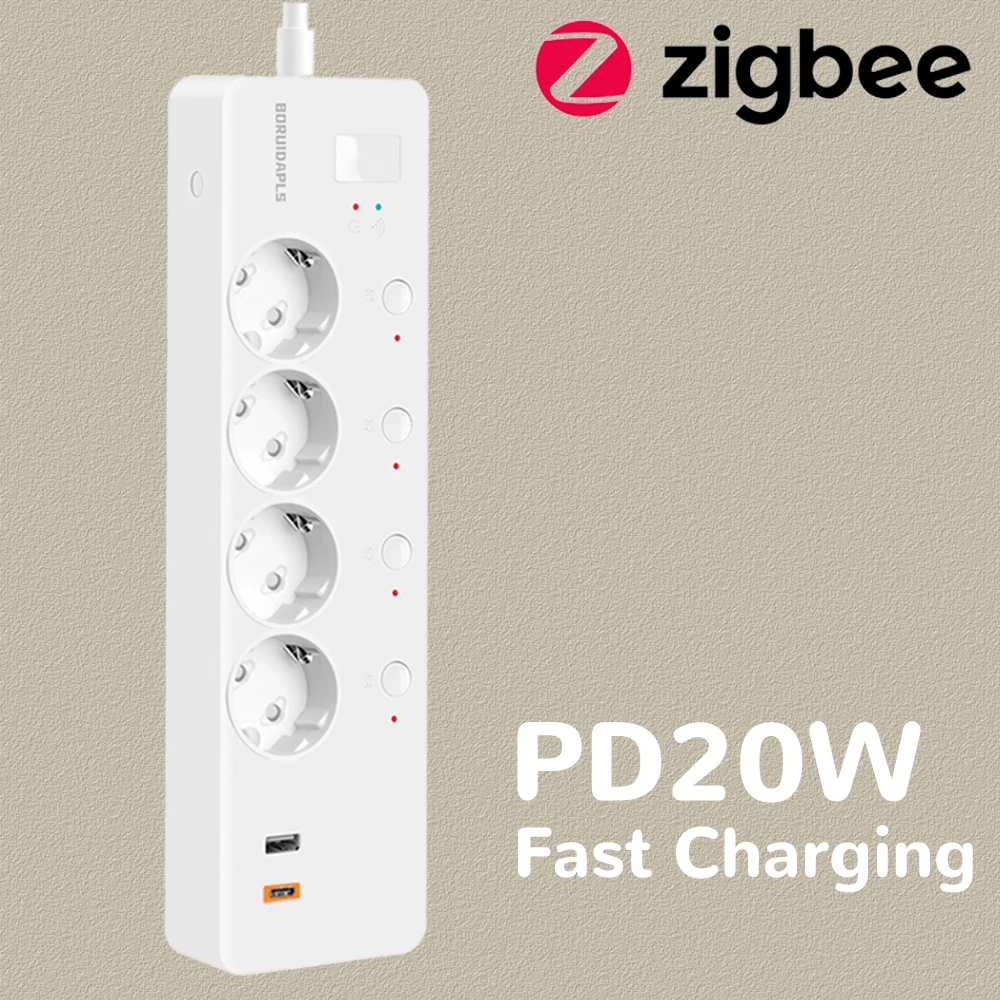 

BORUIDAPLS Smart Power Stirp Zigbee EU Plug с USB-A + Type-C PD 20 Вт Дистанционный голосовой таймер Независимое управление Многопортовая розетка